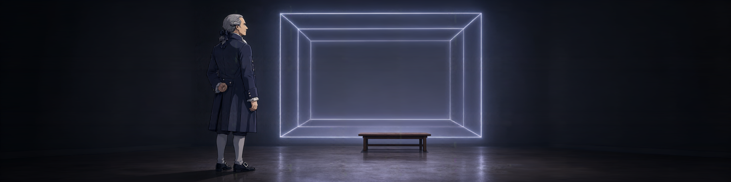 Kant, seen from behind in a dark frock coat with his hands clasped at his back, stands in a dark hall looking at an empty room drawn only in lines of cold white light, its floor, walls and ceiling outlined in perspective; a low wooden bench stands on the polished floor in front of it.