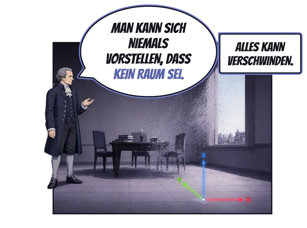 Comic-Panel: Kant steht in einem dämmrigen Zimmer mit hohem Fenster und sagt: „Man kann sich niemals vorstellen, dass kein Raum sei.“ Tisch, Stühle und Bücher neben ihm zerfallen zu Staub, der zum Fenster hinausweht, während ein rot-grün-blaues x-y-z-Achsenkreuz fest auf dem Boden steht. Textkasten: „Alles kann verschwinden.“