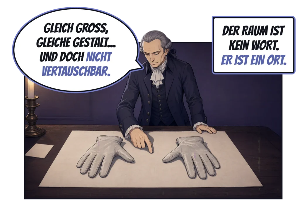 Comic-Panel: Bei Kerzenlicht beugt sich Kant über ein Blatt Papier, auf dem ein linker und ein rechter Handschuh nebeneinanderliegen, und zeigt auf einen davon: „Gleich groß, gleiche Gestalt … und doch nicht vertauschbar.“ Textkasten: „Der Raum ist kein Wort. Er ist ein Ort.“