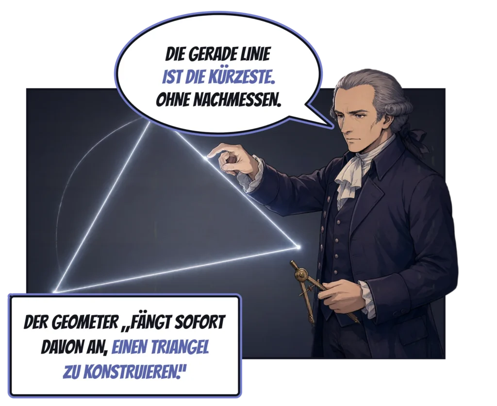 Comic-Panel: Kant, einen Messingzirkel in der einen Hand, zieht auf einer dunklen Tafel ein Dreieck aus leuchtendem Licht nach und sagt: „Die gerade Linie ist die kürzeste. Ohne Nachmessen.“ Textkasten: Der Geometer „fängt sofort davon an, einen Triangel zu konstruieren.“