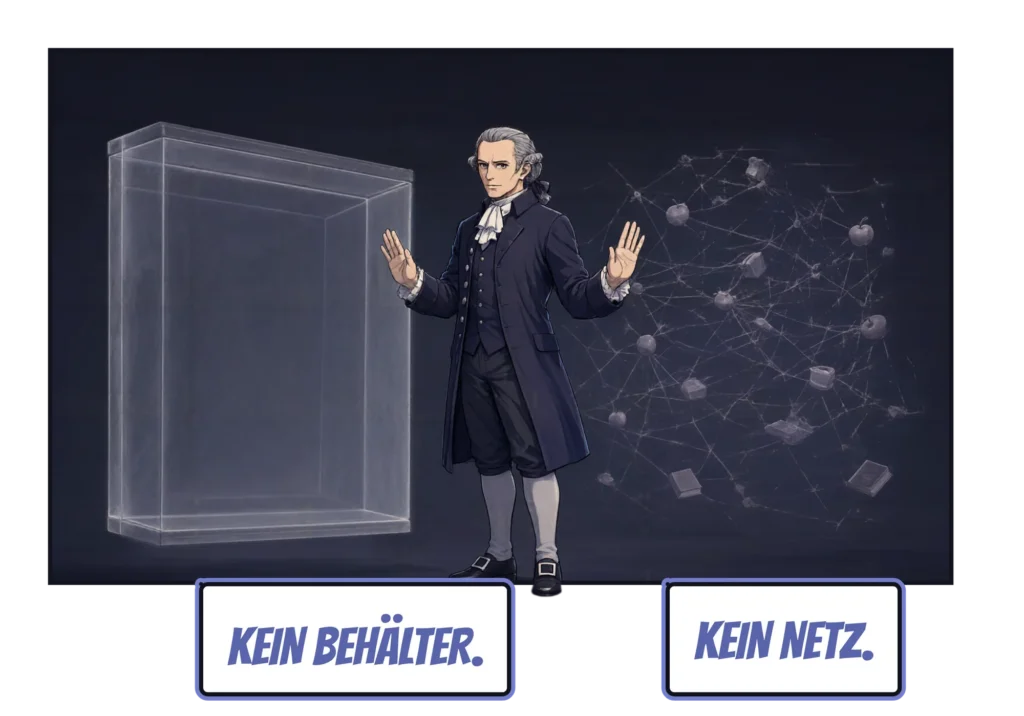 Comic-Panel: Kant steht zwischen einem leeren Glaskasten links und einem Netz aus dünnen Linien rechts, das Äpfel, Bücher und Tassen verbindet, und hebt jedem eine Hand entgegen. Textkästen: „Kein Behälter.“ „Kein Netz.“