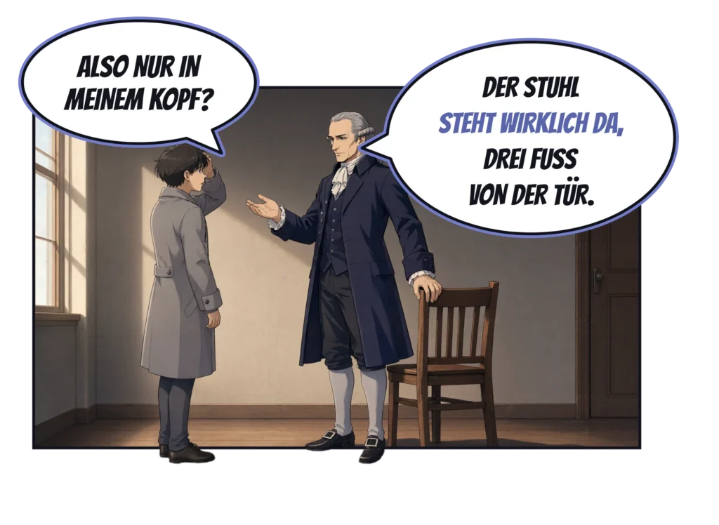 Comic-Panel: Ein junger Mann im grauen Mantel fasst sich an den Kopf und fragt: „Also nur in meinem Kopf?“ Kant, eine Hand auf der Lehne eines Holzstuhls in einem kahlen Zimmer, antwortet: „Der Stuhl steht wirklich da, drei Fuß von der Tür.“