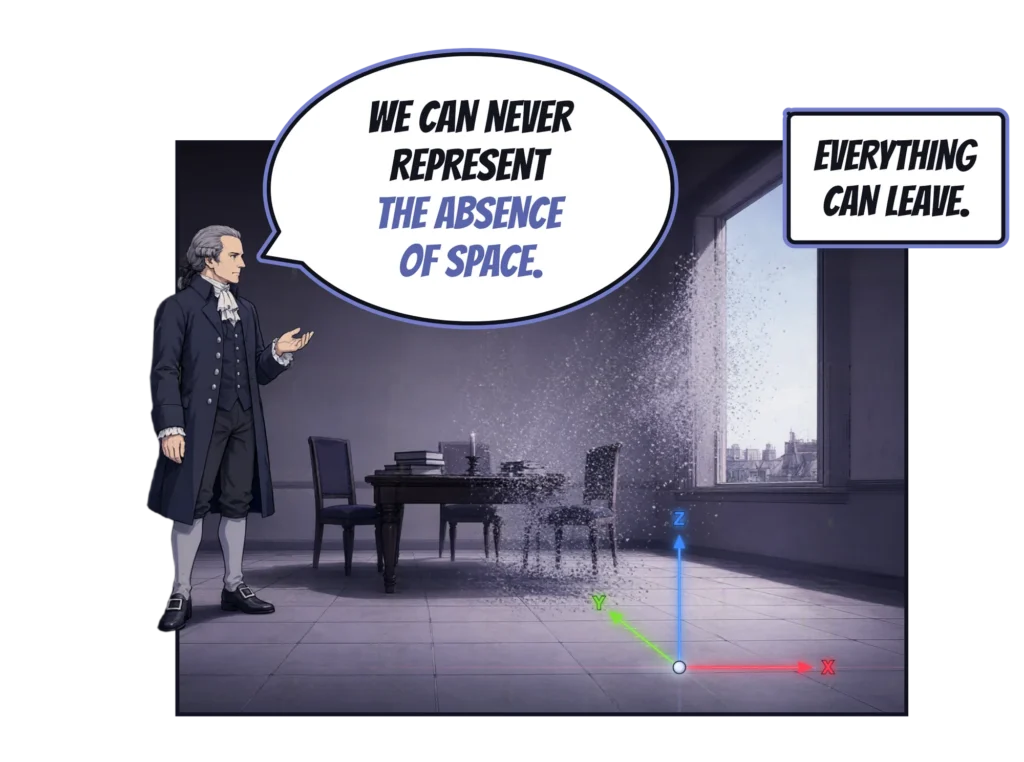 Comic panel: Kant stands in a dim, high-windowed room and says, "We can never represent the absence of space." The table, chairs and books beside him are dissolving into dust that streams out of the window, while a red, green and blue x-y-z axis stays fixed on the floor. Caption box: "Everything can leave."