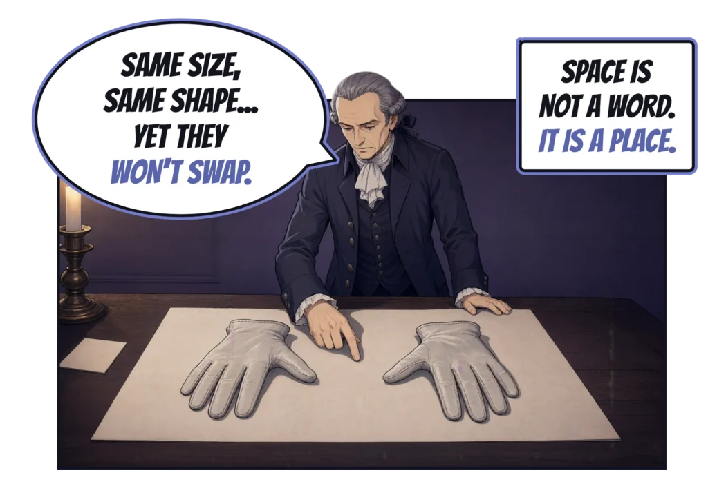 Comic panel: by candlelight Kant leans over a sheet of paper on which a left glove and a right glove lie side by side, and points at one: "Same size, same shape… yet they won't swap." Caption box: "Space is not a word. It is a place."