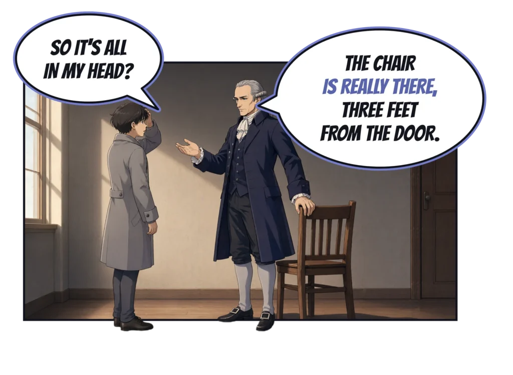Comic panel: a young man in a grey coat clutches his head and asks, "So it's all in my head?" Kant, one hand resting on the back of a wooden chair in a bare room, answers: "The chair is really there, three feet from the door."