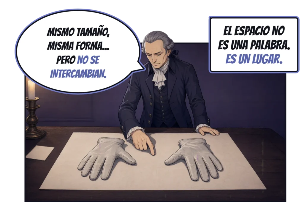 Viñeta de cómic: a la luz de una vela, Kant se inclina sobre una hoja de papel en la que hay un guante izquierdo y uno derecho, uno al lado del otro, y señala uno: «Mismo tamaño, misma forma… pero no se intercambian». Cartela: «El espacio no es una palabra. Es un lugar».
