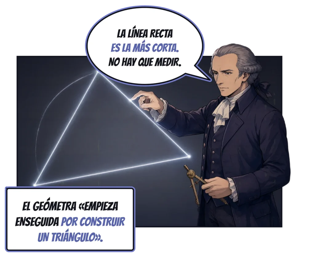 Viñeta de cómic: Kant, con un compás de latón en una mano, traza un triángulo de luz sobre una pizarra oscura y dice: «La línea recta es la más corta. No hay que medir». Cartela: El geómetra «empieza enseguida por construir un triángulo».
