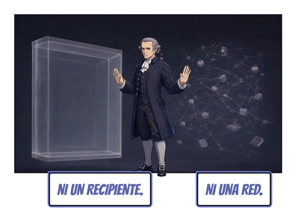 Viñeta de cómic: Kant está de pie entre una caja de cristal vacía a la izquierda y, a la derecha, una red de líneas finas que une manzanas, libros y tazas, y alza una mano hacia cada una. Cartelas: «Ni un recipiente». «Ni una red».