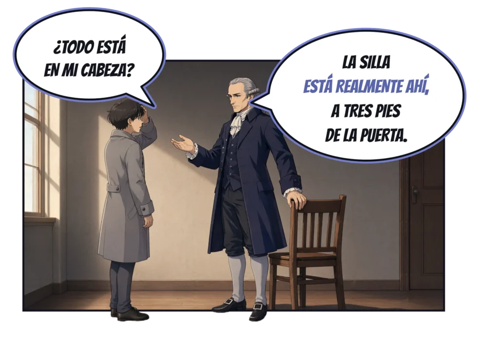 Viñeta de cómic: un joven con abrigo gris se lleva la mano a la cabeza y pregunta: «¿Todo está en mi cabeza?». Kant, con una mano apoyada en el respaldo de una silla de madera en una habitación vacía, responde: «La silla está realmente ahí, a tres pies de la puerta».