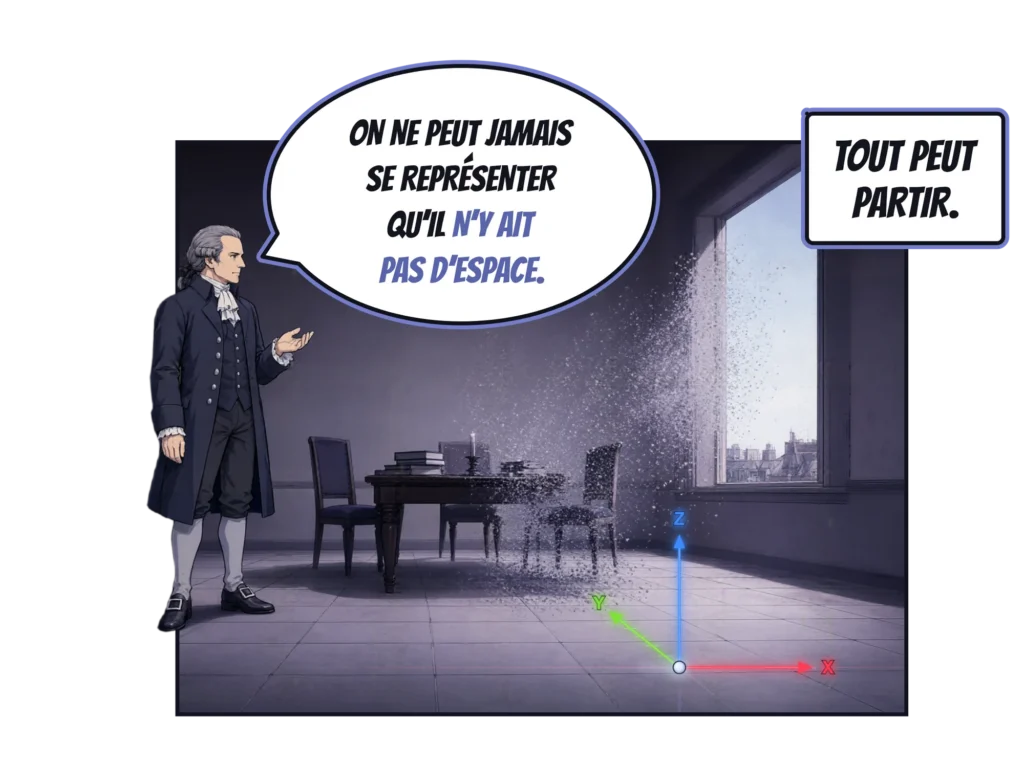 Case de bande dessinée : Kant, debout dans une pièce sombre à haute fenêtre, dit : « On ne peut jamais se représenter qu’il n’y ait pas d’espace. » La table, les chaises et les livres à côté de lui se désagrègent en une poussière qui s’échappe par la fenêtre, tandis qu’un repère x-y-z rouge, vert et bleu reste fixé au sol. Cartouche : « Tout peut partir. »