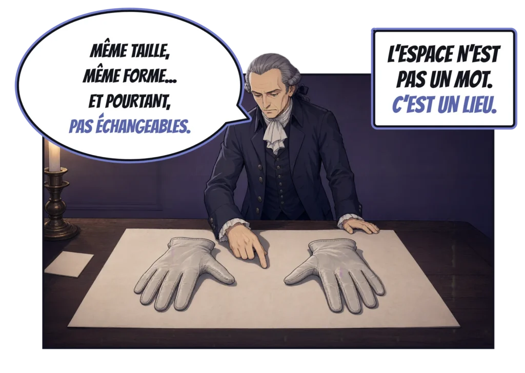 Case de bande dessinée : à la lueur d’une bougie, Kant se penche sur une feuille de papier où un gant gauche et un gant droit sont posés côte à côte, et en désigne un : « Même taille, même forme… et pourtant, pas échangeables. » Cartouche : « L’espace n’est pas un mot. C’est un lieu. »