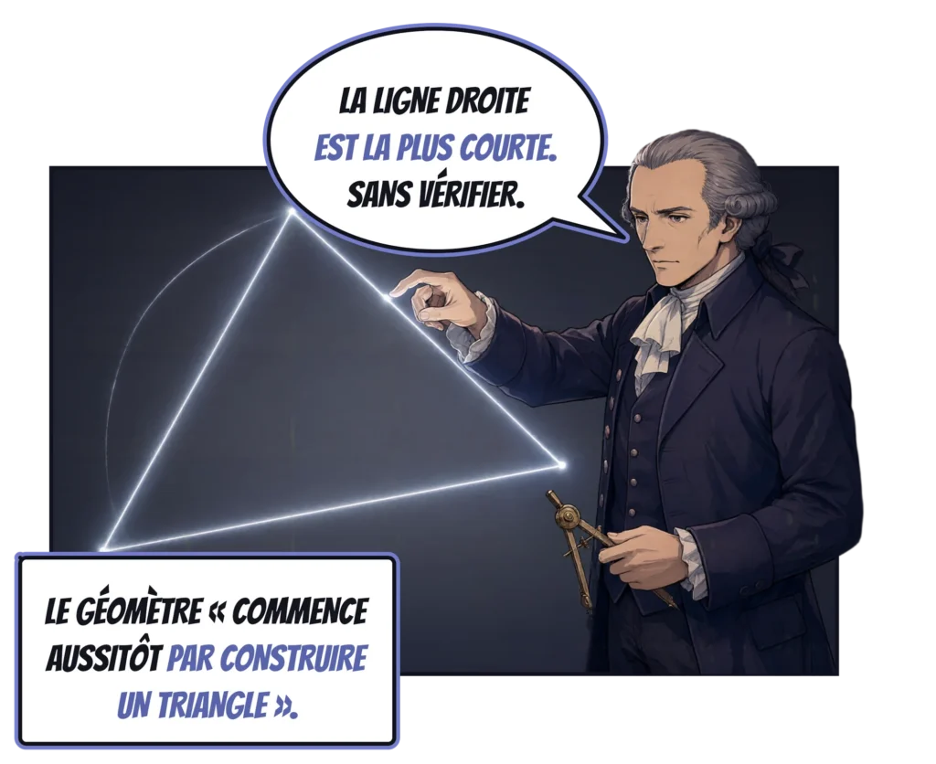 Case de bande dessinée : Kant, un compas de laiton à la main, trace un triangle de lumière sur un tableau sombre et dit : « La ligne droite est la plus courte. Sans vérifier. » Cartouche : Le géomètre « commence aussitôt par construire un triangle ».