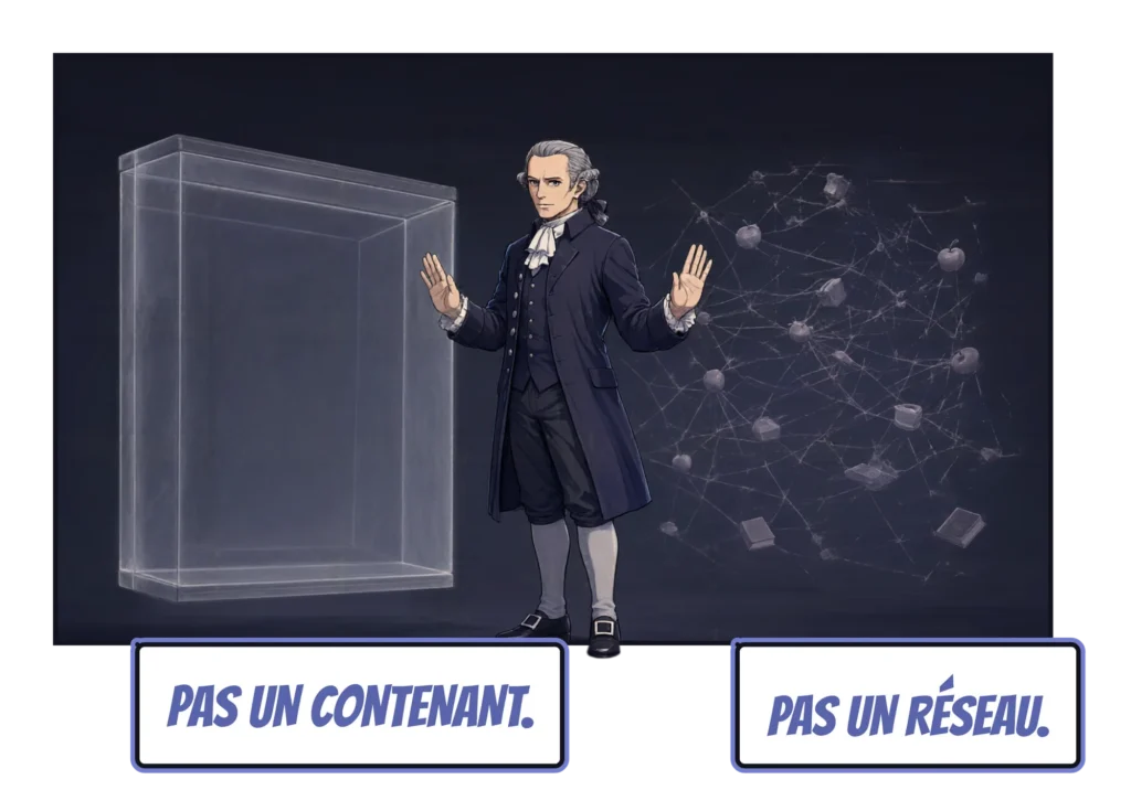 Case de bande dessinée : Kant se tient entre une boîte de verre vide à gauche et, à droite, un réseau de fils fins reliant des pommes, des livres et des tasses, et lève une main vers chacun. Cartouches : « Pas un contenant. » « Pas un réseau. »