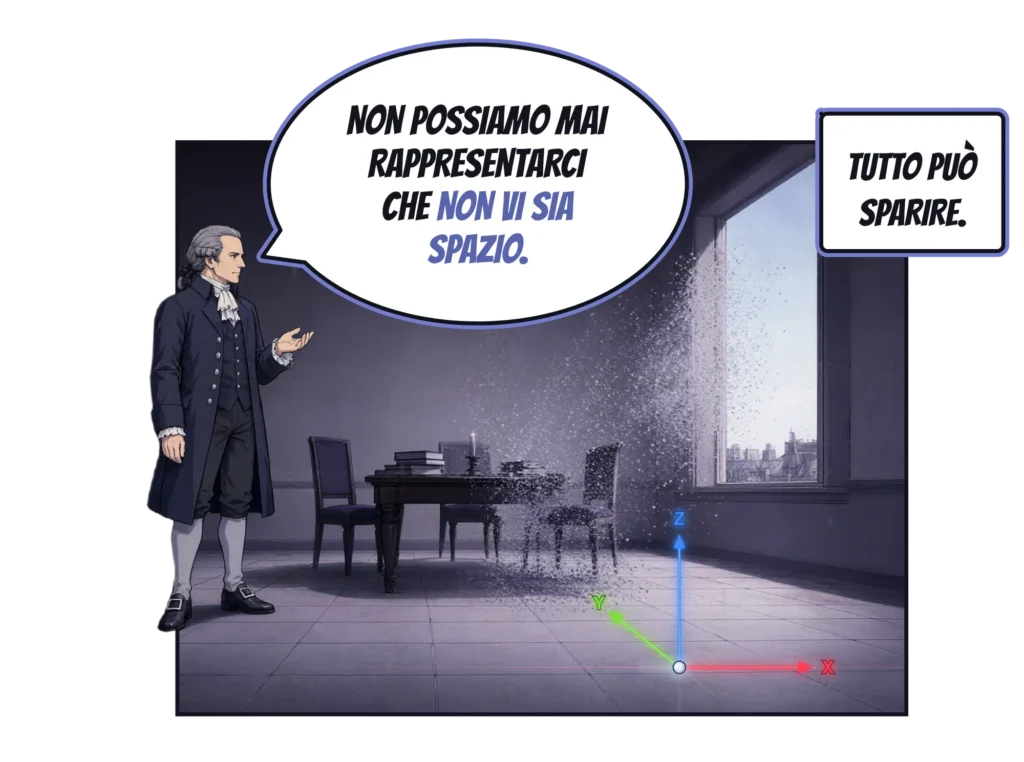 Vignetta a fumetti: Kant, in piedi in una stanza in penombra con un’alta finestra, dice: «Non possiamo mai rappresentarci che non vi sia spazio.» Il tavolo, le sedie e i libri accanto a lui si disfano in una polvere che esce dalla finestra, mentre gli assi x-y-z rosso, verde e blu restano fissi sul pavimento. Didascalia: «Tutto può sparire.»