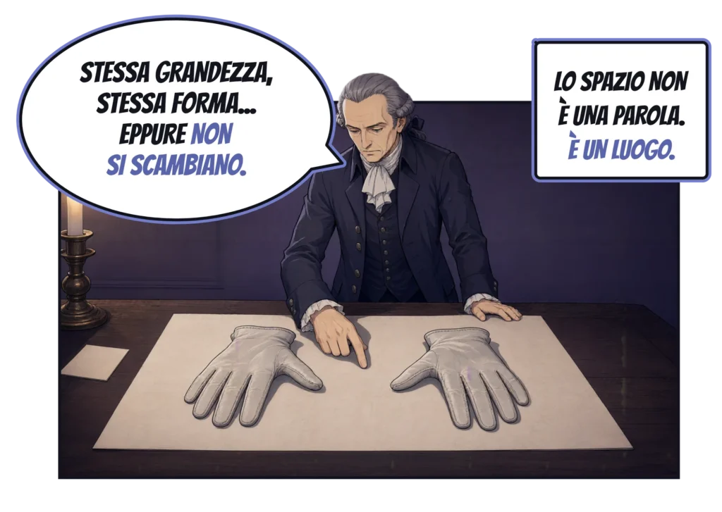 Vignetta a fumetti: a lume di candela Kant si china su un foglio su cui giacciono affiancati un guanto sinistro e un guanto destro, e ne indica uno: «Stessa grandezza, stessa forma… eppure non si scambiano.» Didascalia: «Lo spazio non è una parola. È un luogo.»