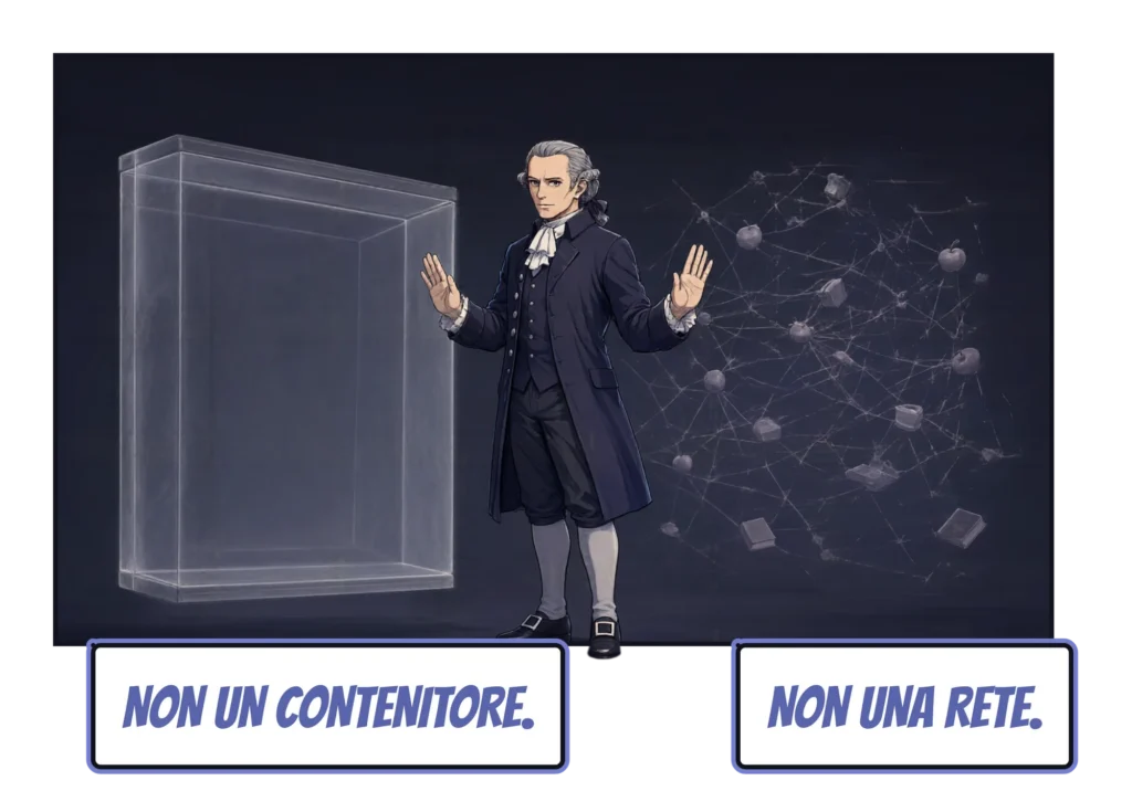 Vignetta a fumetti: Kant sta tra una scatola di vetro vuota a sinistra e, a destra, una rete di fili sottili che collega mele, libri e tazze, e alza una mano verso ciascuna. Didascalie: «Non un contenitore.» «Non una rete.»