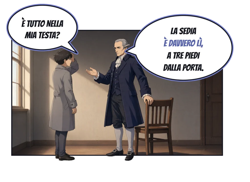 Vignetta a fumetti: un giovane in cappotto grigio si porta una mano alla testa e chiede: «È tutto nella mia testa?» Kant, con una mano appoggiata allo schienale di una sedia di legno in una stanza spoglia, risponde: «La sedia è davvero lì, a tre piedi dalla porta.»
