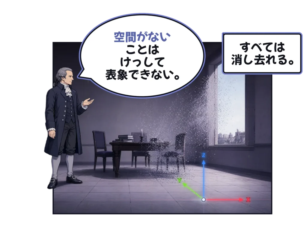 コマ漫画：高い窓のある薄暗い部屋に立つカントが「空間がないことはけっして表象できない。」と言う。そばの机や椅子、本は塵となって崩れ、窓の外へ流れ出ていくが、床の上の赤・緑・青のx-y-z座標軸だけは動かずに残っている。キャプション：「すべては消し去れる。」
