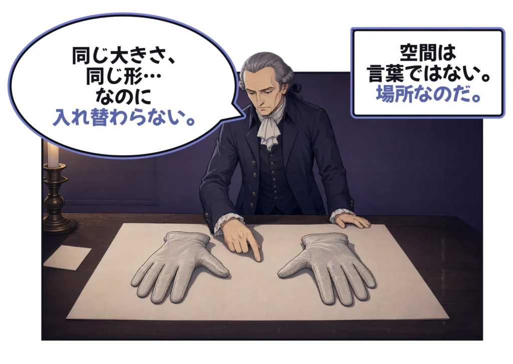 コマ漫画：ろうそくの明かりの下、カントは左右の手袋が並べて置かれた紙の上に身をかがめ、片方を指さして「同じ大きさ、同じ形…なのに入れ替わらない。」と言う。キャプション：「空間は言葉ではない。場所なのだ。」