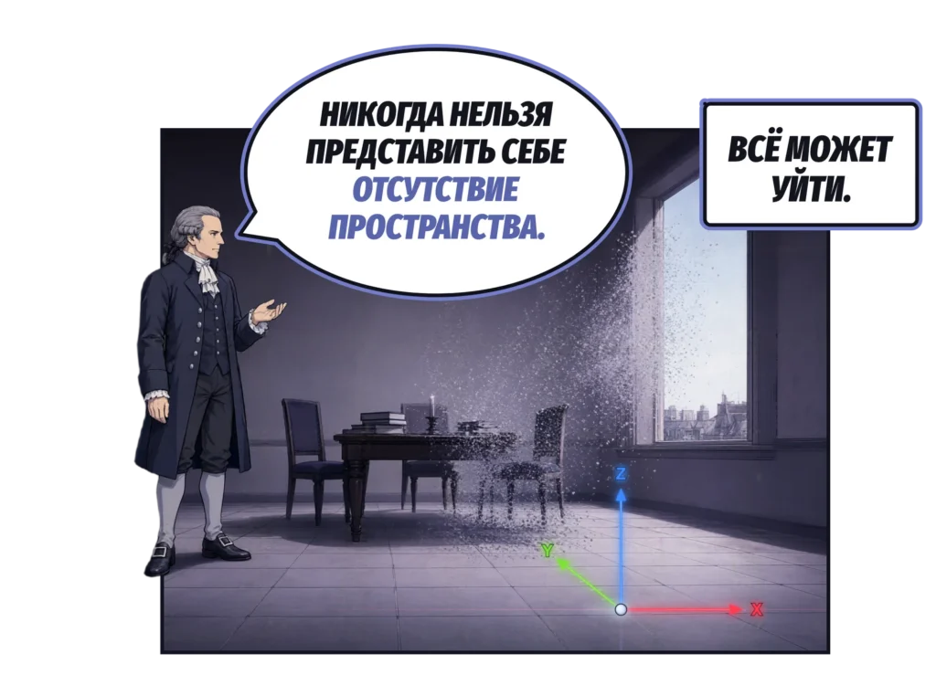 Комикс: Кант стоит в полутёмной комнате с высоким окном и говорит: «Никогда нельзя представить себе отсутствие пространства». Стол, стулья и книги рядом с ним рассыпаются в пыль, которая уносится в окно, а красная, зелёная и синяя оси x, y, z неподвижно стоят на полу. Подпись: «Всё может уйти».