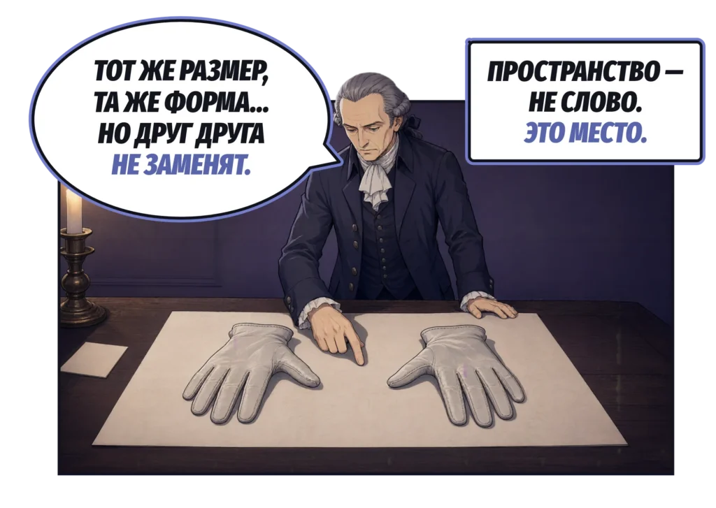 Комикс: при свече Кант склоняется над листом бумаги, на котором рядом лежат левая и правая перчатки, и указывает на одну из них: «Тот же размер, та же форма… но друг друга не заменят». Подпись: «Пространство — не слово. Это место».