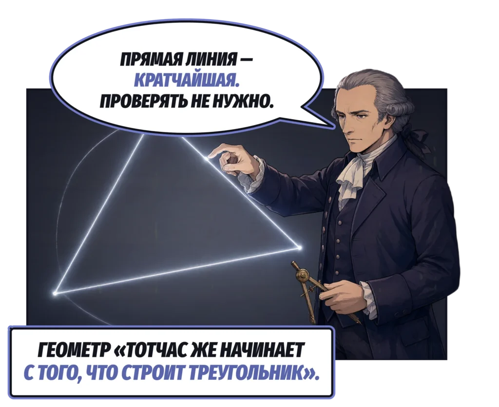 Комикс: Кант с латунным циркулем в одной руке обводит на тёмной доске светящийся треугольник и говорит: «Прямая линия — кратчайшая. Проверять не нужно». Подпись: Геометр «тотчас же начинает с того, что строит треугольник».