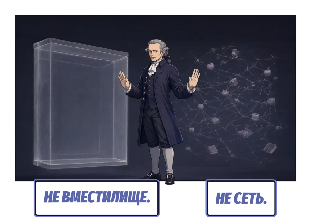 Комикс: Кант стоит между пустым стеклянным ящиком слева и сетью тонких линий справа, связывающей яблоки, книги и чашки, и поднимает ладонь к каждому из них. Подписи: «Не вместилище». «Не сеть».