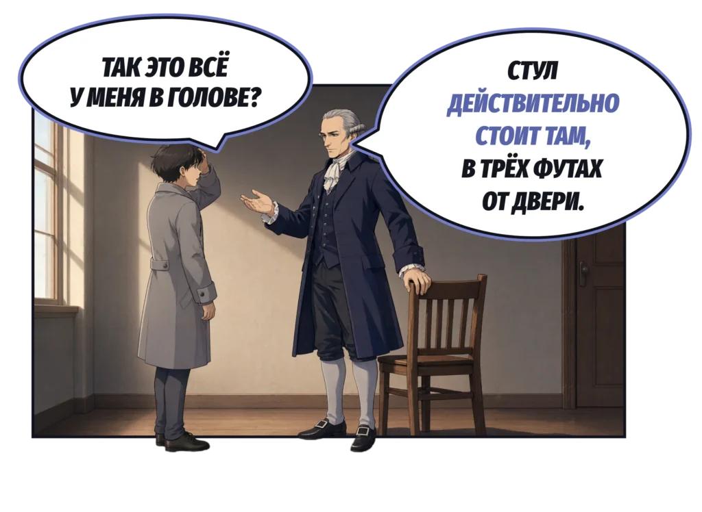 Комикс: молодой человек в сером пальто хватается за голову и спрашивает: «Так это всё у меня в голове?» Кант, положив руку на спинку деревянного стула в пустой комнате, отвечает: «Стул действительно стоит там, в трёх футах от двери».