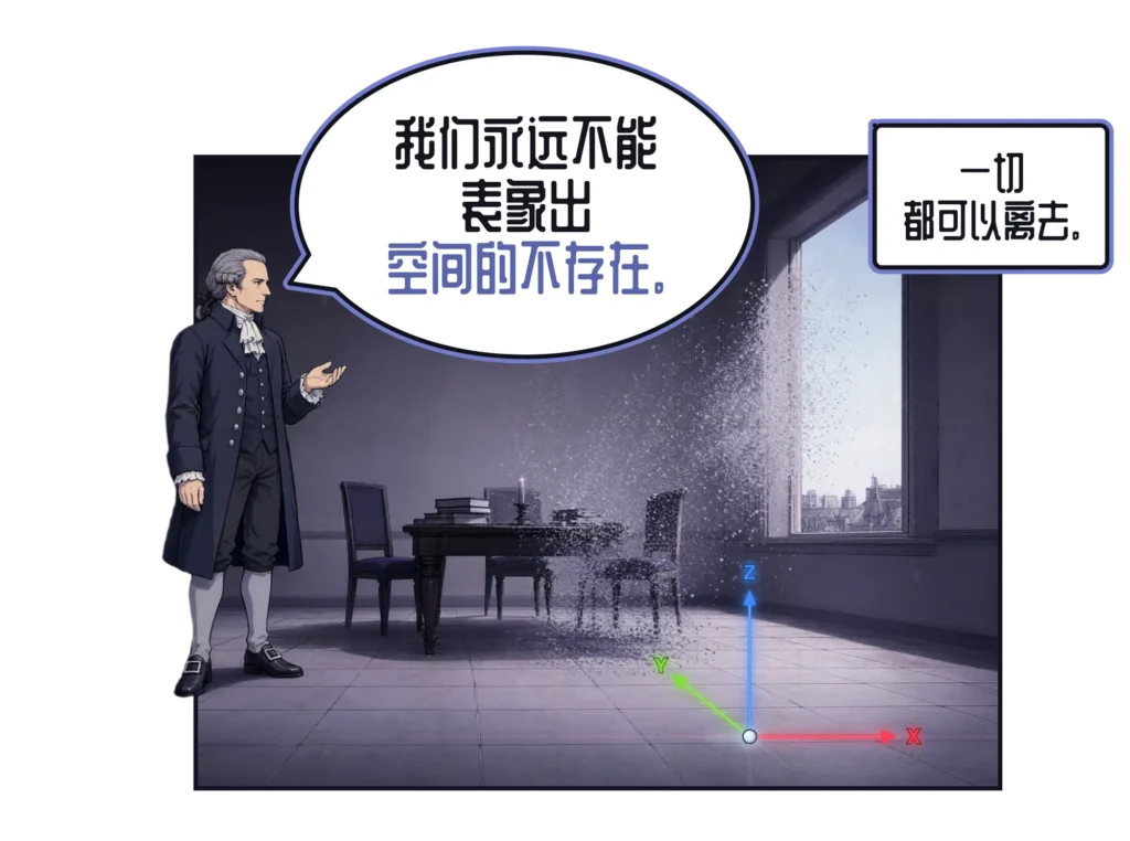 漫画分格：康德站在一间有高窗的昏暗房间里，说：“我们永远不能表象出空间的不存在。”他身旁的桌子、椅子和书本正化作尘埃，从窗口飘散出去，而地板上红、绿、蓝三色的 x-y-z 坐标轴纹丝不动。文字框：“一切都可以离去。”