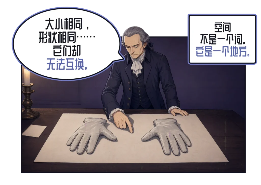 漫画分格：烛光下，康德俯身在一张纸上，纸上并排放着一只左手手套和一只右手手套，他指着其中一只说：“大小相同，形状相同……它们却无法互换。”文字框：“空间不是一个词。它是一个地方。”