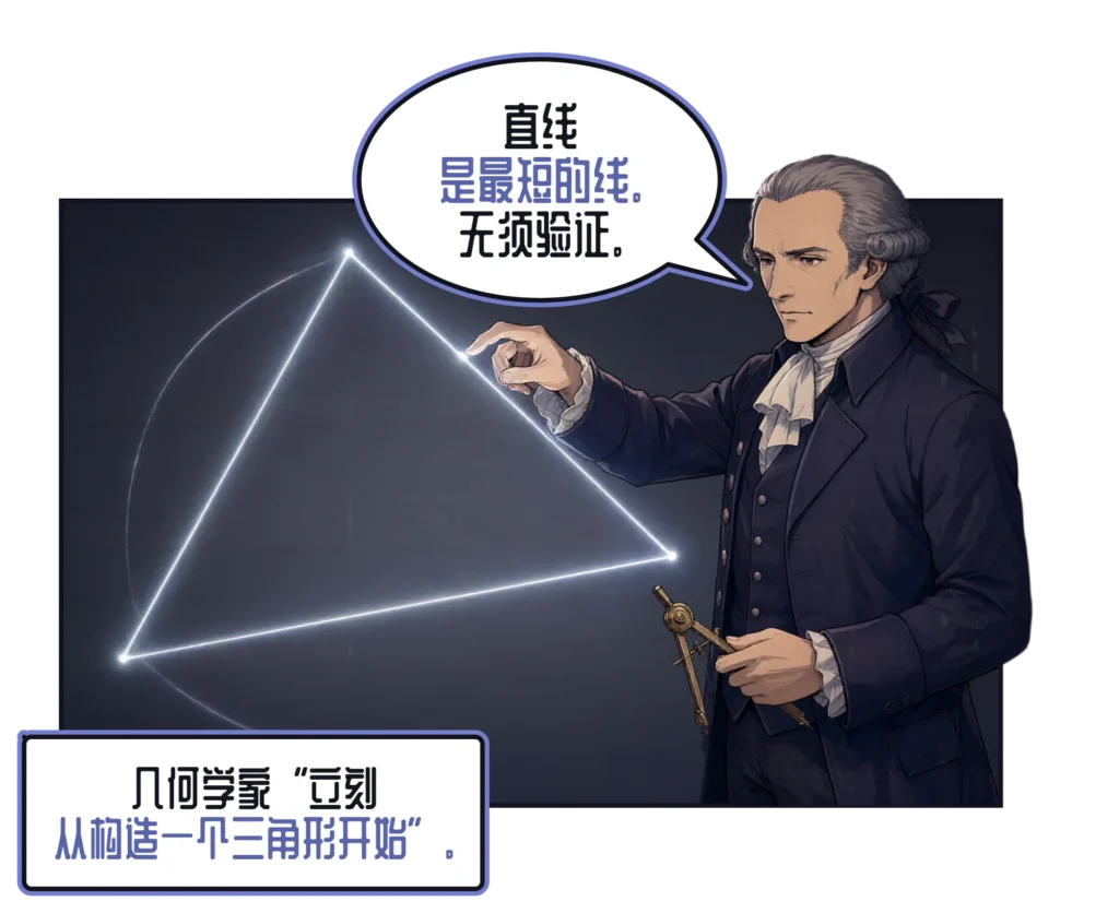 漫画分格：康德一手拿着黄铜圆规，另一只手在深色的板上描出一个发光的三角形，说：“直线是最短的线。无须验证。”文字框：几何学家“立刻从构造一个三角形开始”。