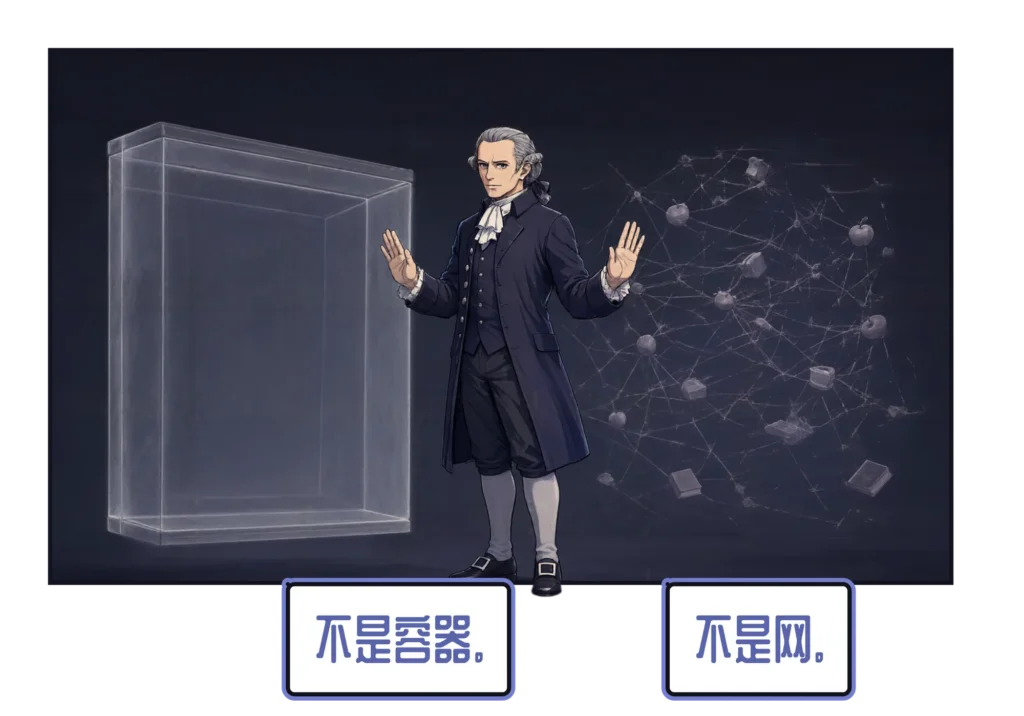 漫画分格：康德站在左边一个空玻璃箱和右边一张用细线连起苹果、书本和杯子的网之间，向两边各举起一只手掌。文字框：“不是容器。”“不是网。”