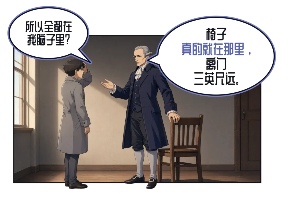 漫画分格：一个穿灰色大衣的年轻人抱着头问：“所以全都在我脑子里？”康德在一间空荡的房间里，一只手搭在木椅的椅背上，回答：“椅子真的就在那里，离门三英尺远。”
